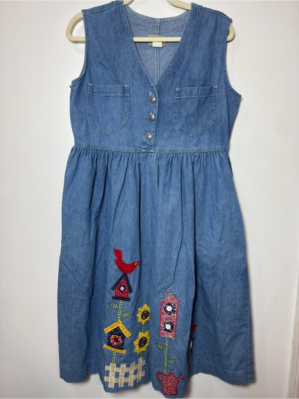 Vintage 90s Sostanza Embroidered Denim Dress - Teachercore / Cottagecore